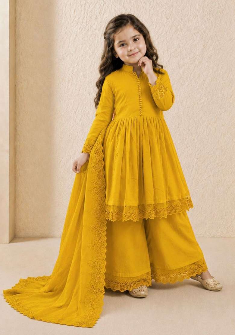 Yellow Embroidery Silk Gown Set For Girls - Indya