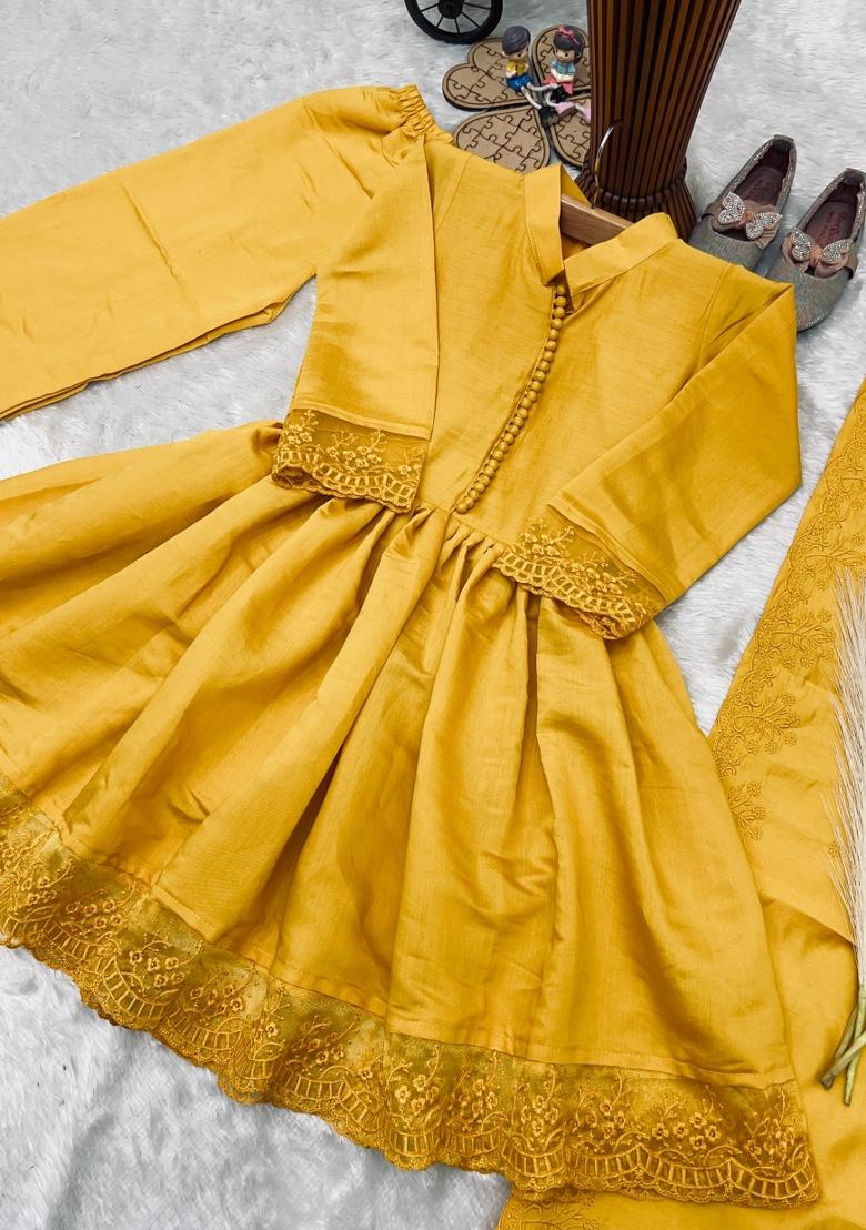 Yellow Embroidery Silk Gown Set For Girls - Indya