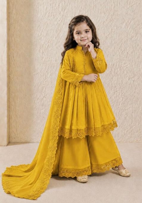 Yellow Embroidery Silk Gown Set For Girls