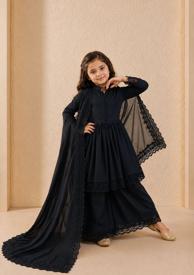 Black Embroidery Silk Gown Set For Girls - Indya