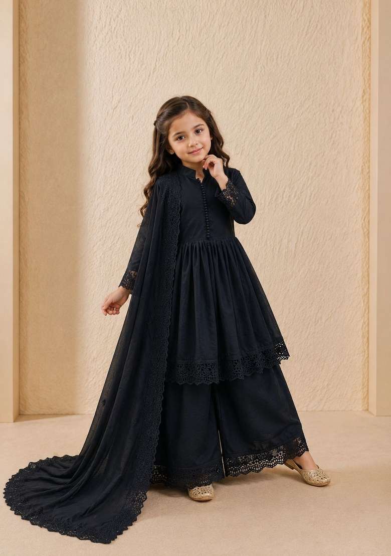 Black Embroidery Silk Gown Set For Girls - Indya