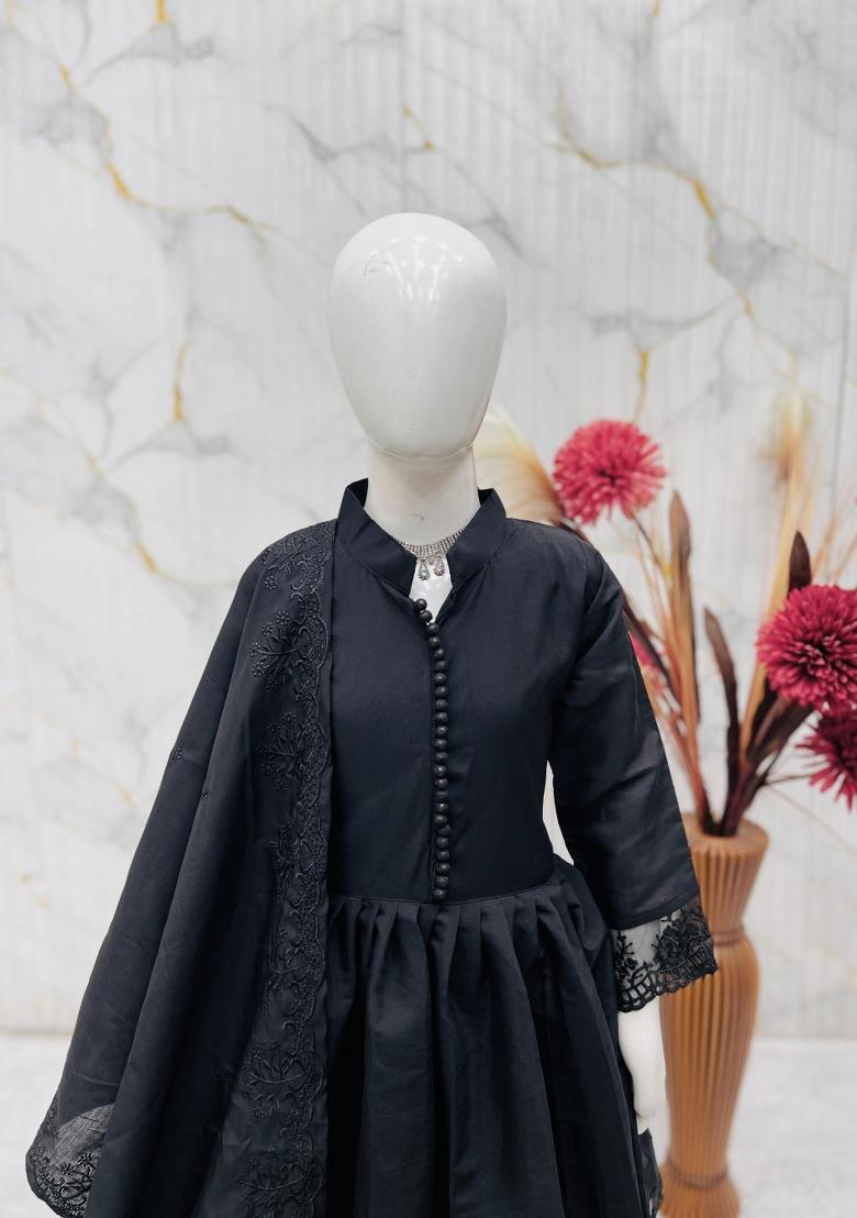 Black Embroidery Silk Gown Set For Girls - Indya