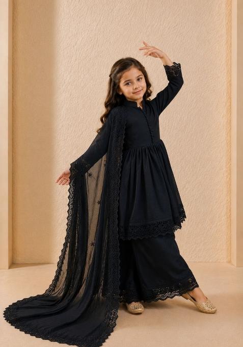 Black Embroidery Silk Gown Set For Girls