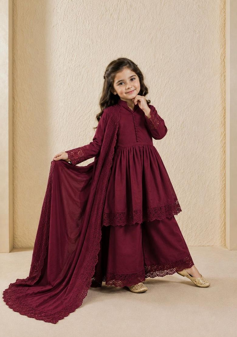 Maroon Embroidery Silk Gown Set For Girls - Indya