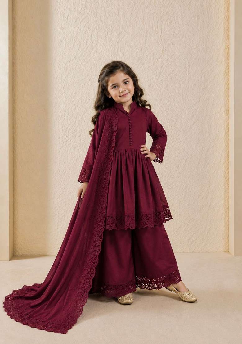 Maroon Embroidery Silk Gown Set For Girls - Indya