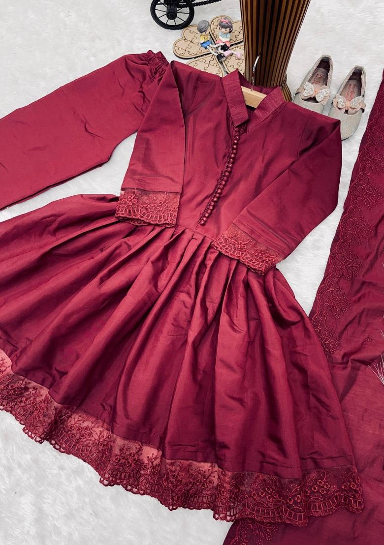 Maroon Embroidery Silk Gown Set For Girls - Indya