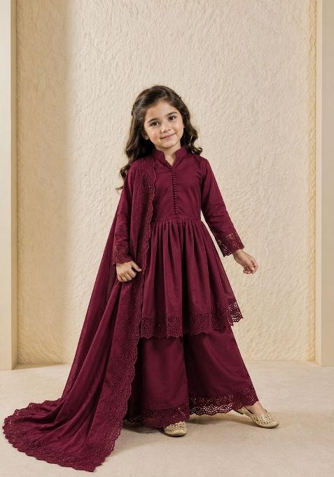 Maroon Embroidery Silk Gown Set For Girls