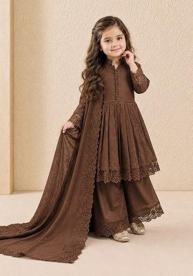 Brown Embroidery Silk Gown Set For Girls
