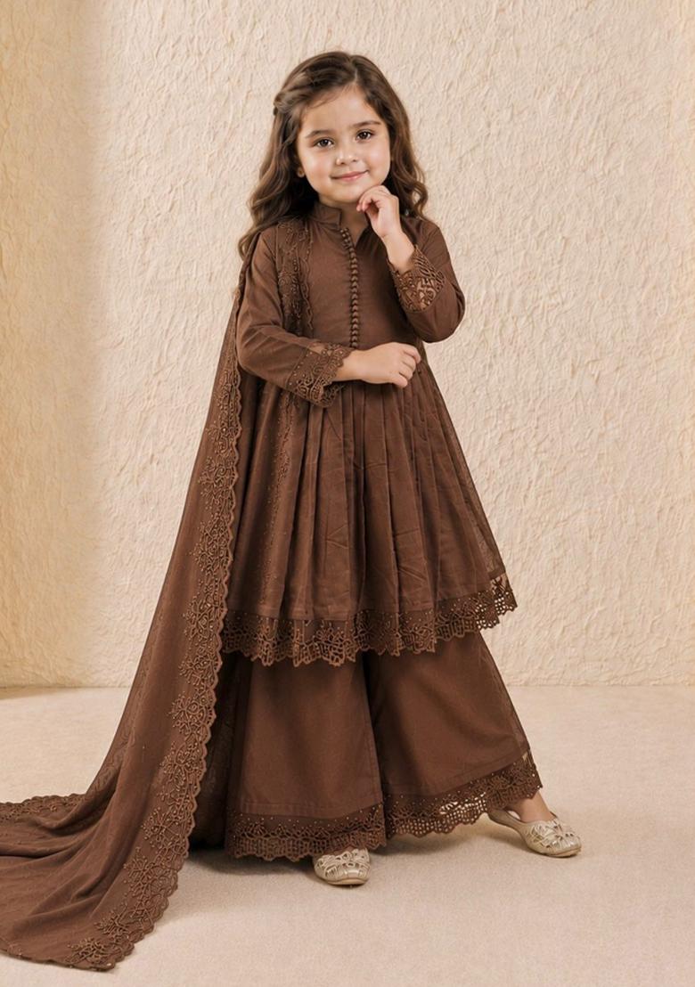 Brown Embroidery Silk Gown Set For Girls - Indya