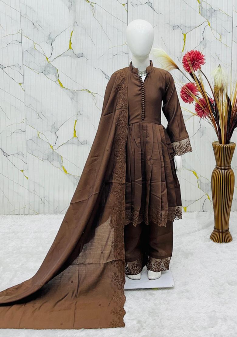 Brown Embroidery Silk Gown Set For Girls - Indya