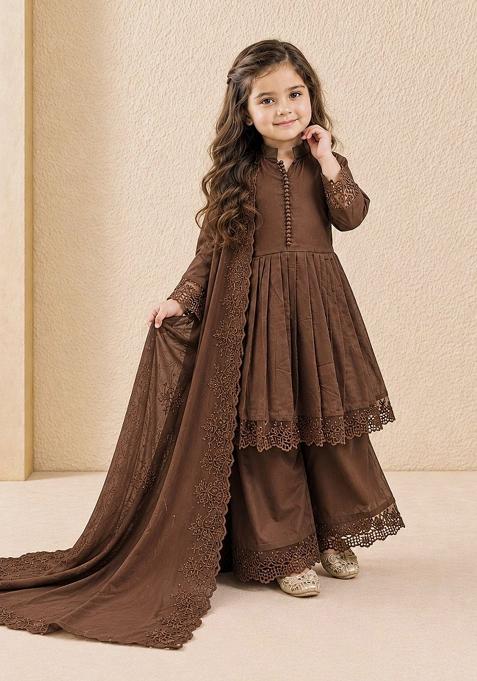 Brown Embroidery Silk Gown Set For Girls