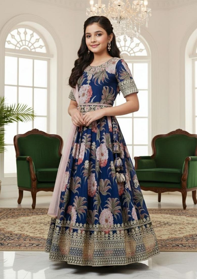Navy Blue And Pink Embroidery Georgette Gown Set For Girls - Indya