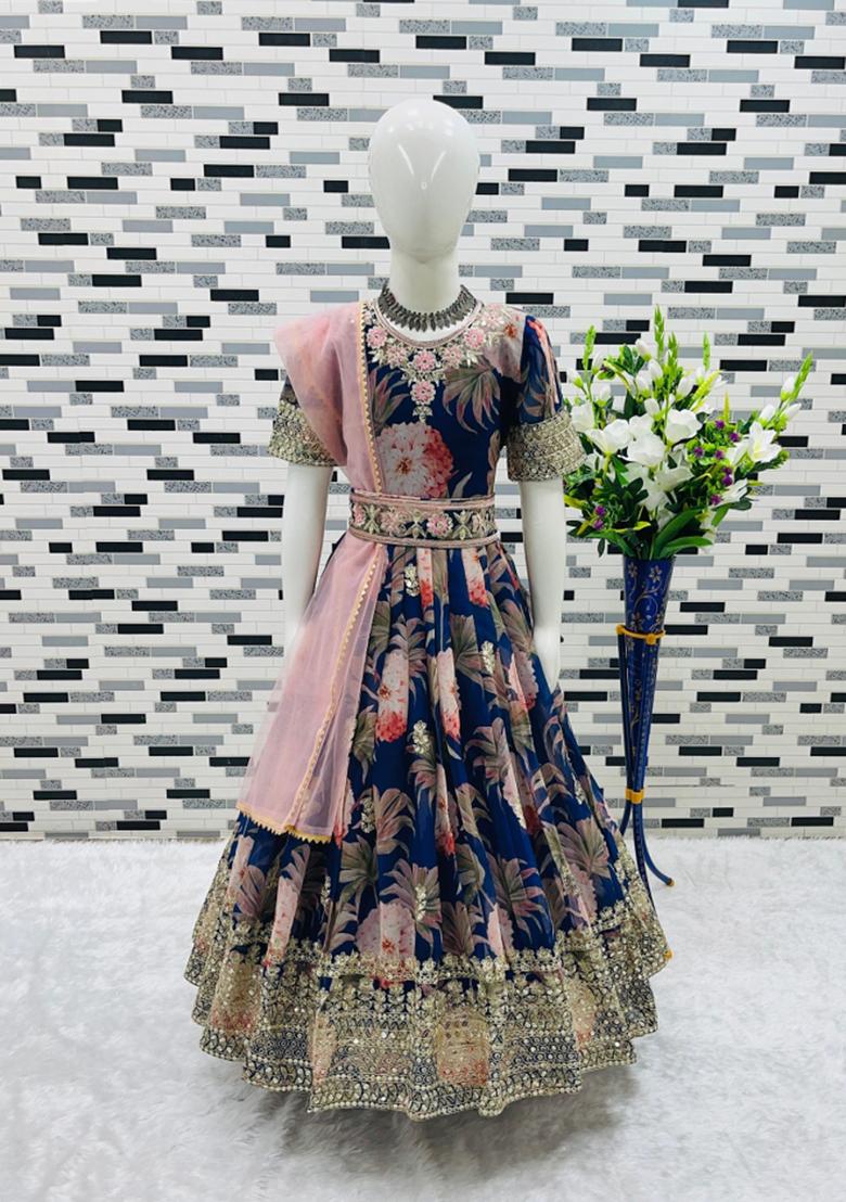 Navy Blue And Pink Embroidery Georgette Gown Set For Girls - Indya