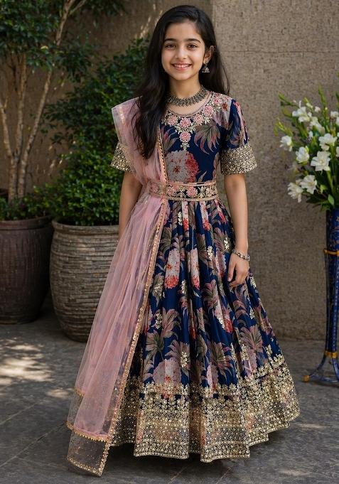 Navy Blue And Pink Embroidery Georgette Gown Set For Girls