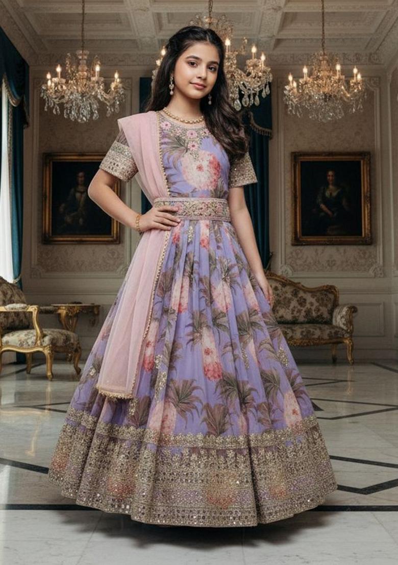 Lavenderand Pink Embroidery Georgette Gown Set For Girls - Indya