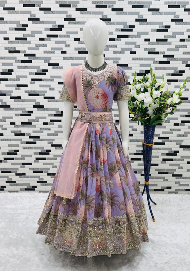 Lavenderand Pink Embroidery Georgette Gown Set For Girls - Indya