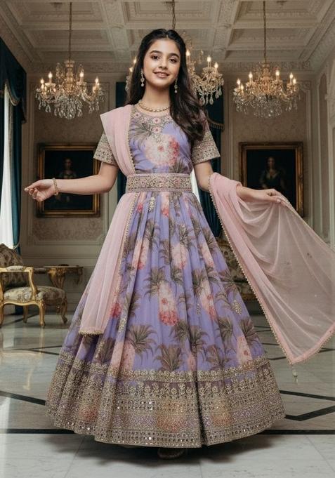 Lavenderand Pink Embroidery Georgette Gown Set For Girls