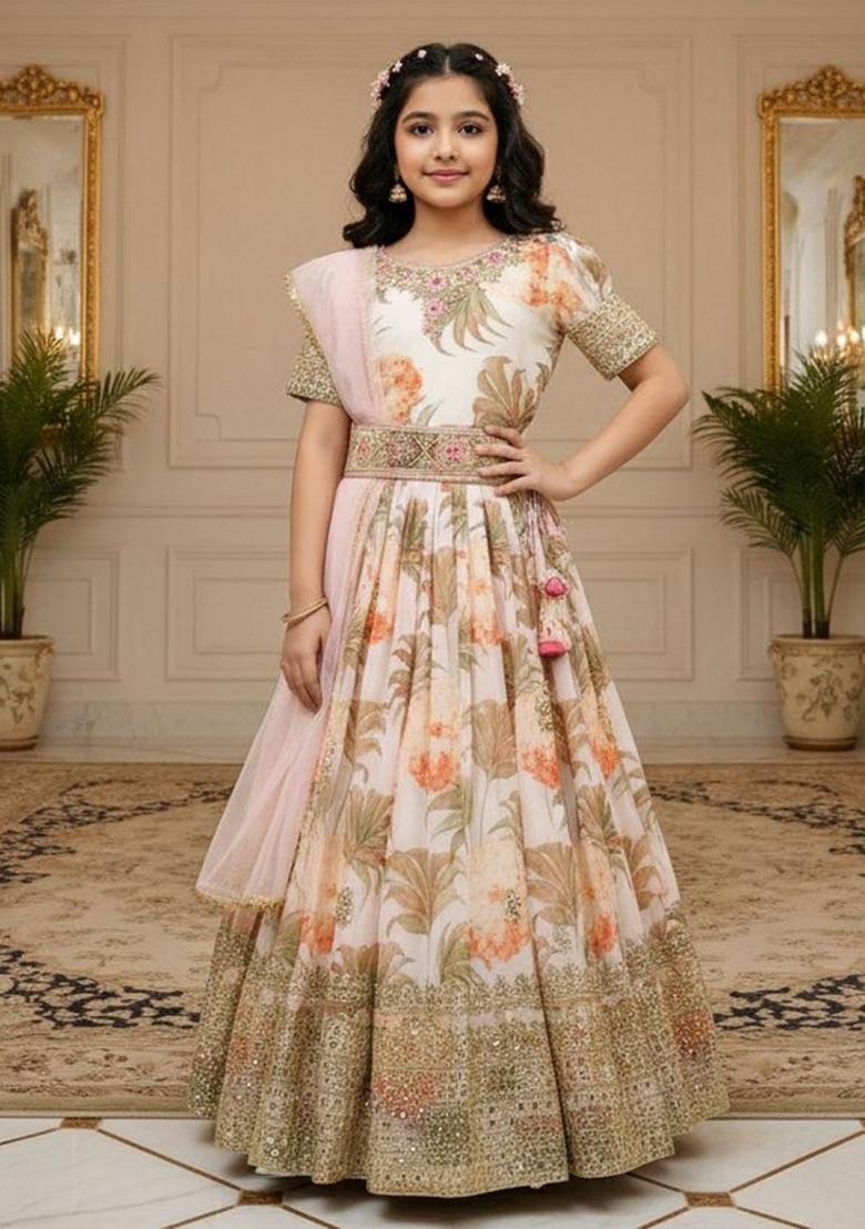 White And Pink Embroidery Georgette Gown Set For Girls - Indya