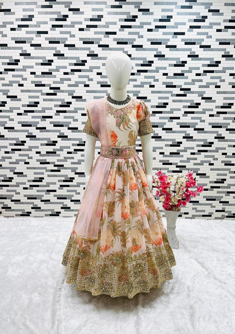 White And Pink Embroidery Georgette Gown Set For Girls - Indya