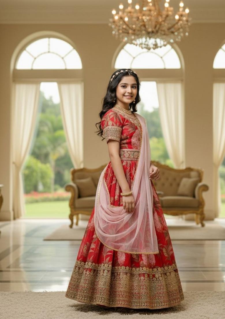 Red And Pink Embroidery Georgette Gown Set For Girls - Indya