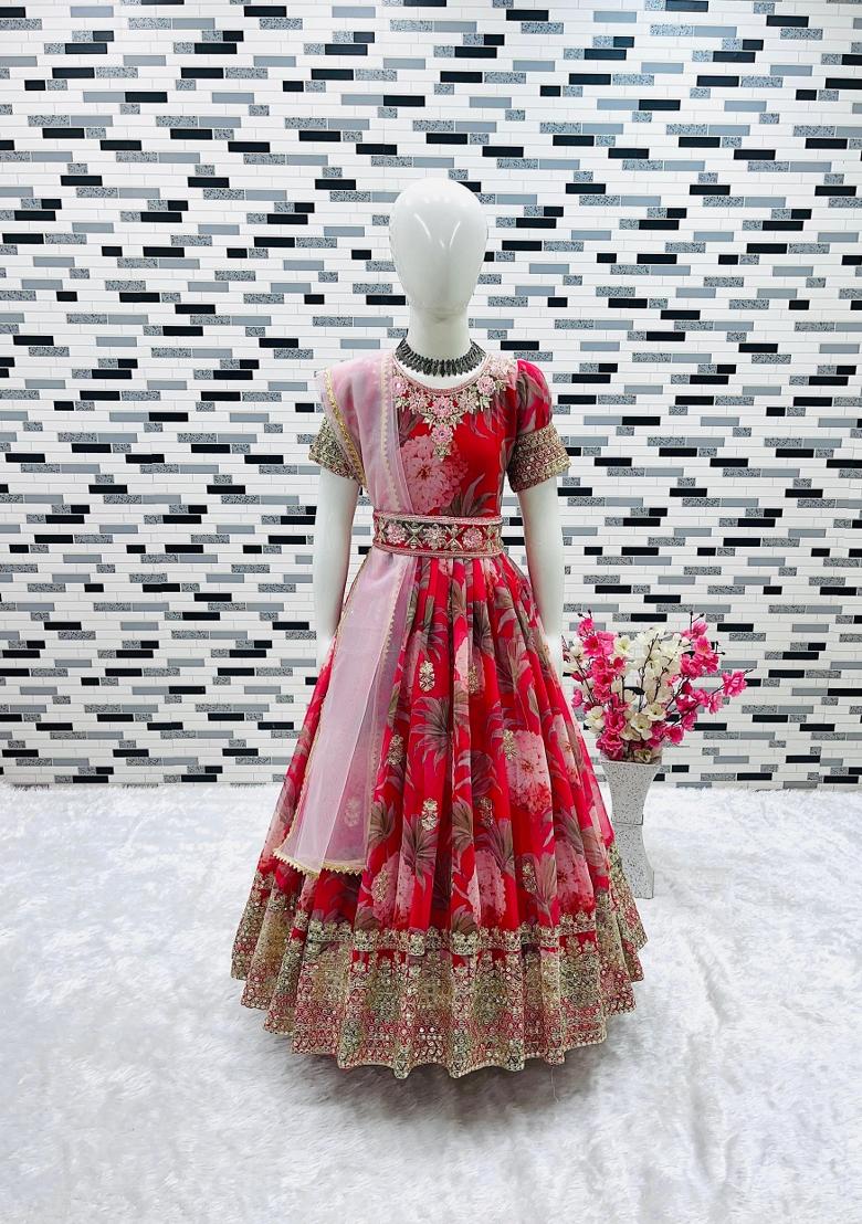 Red And Pink Embroidery Georgette Gown Set For Girls - Indya