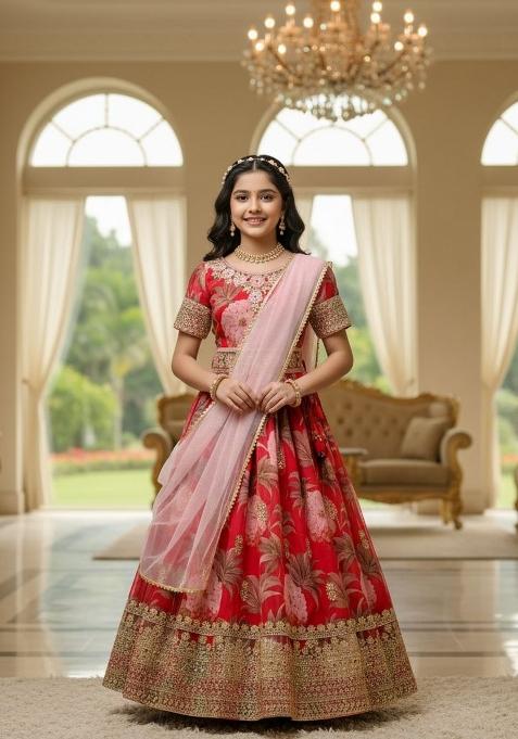 Red And Pink Embroidery Georgette Gown Set For Girls