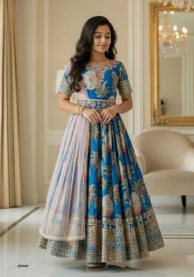 Turquoise And Pink Embroidery Georgette Gown Set For Girls