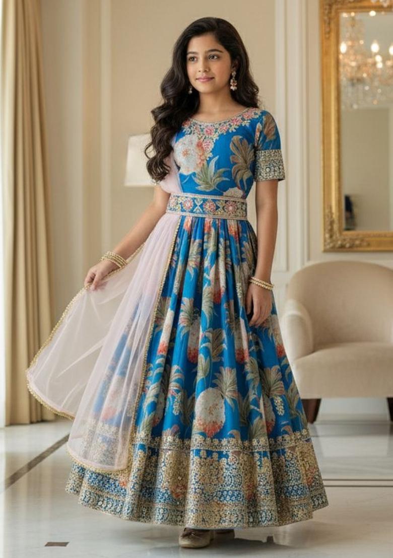 Turquoise And Pink Embroidery Georgette Gown Set For Girls - Indya
