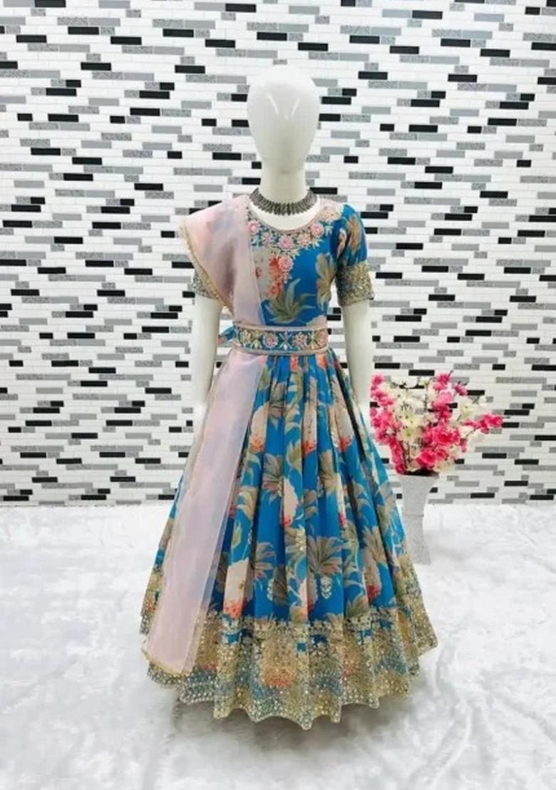 Turquoise And Pink Embroidery Georgette Gown Set For Girls - Indya