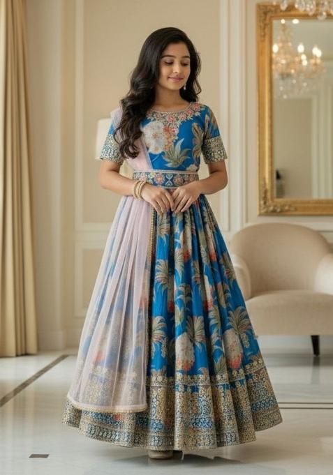 Turquoise And Pink Embroidery Georgette Gown Set For Girls