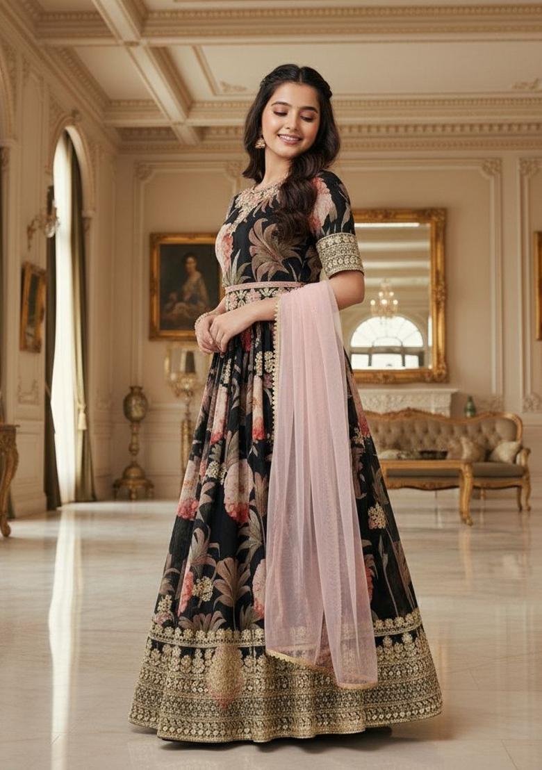 Black And Pink Embroidery Georgette Gown Set For Girls - Indya