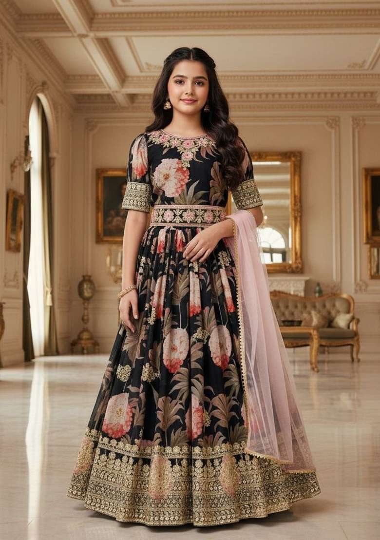 Black And Pink Embroidery Georgette Gown Set For Girls - Indya