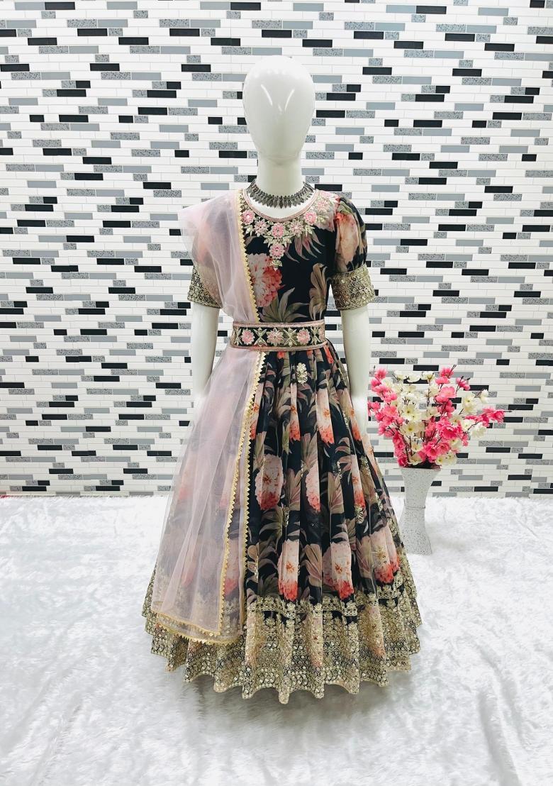 Black And Pink Embroidery Georgette Gown Set For Girls - Indya