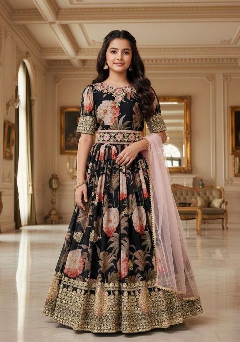 Black And Pink Embroidery Georgette Gown Set For Girls
