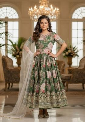 Green And Pink Embroidery Georgette Gown Set For Girls