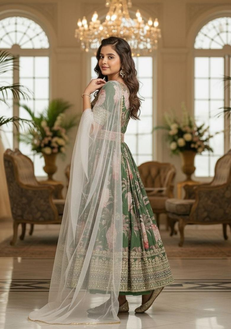 Green And Pink Embroidery Georgette Gown Set For Girls - Indya