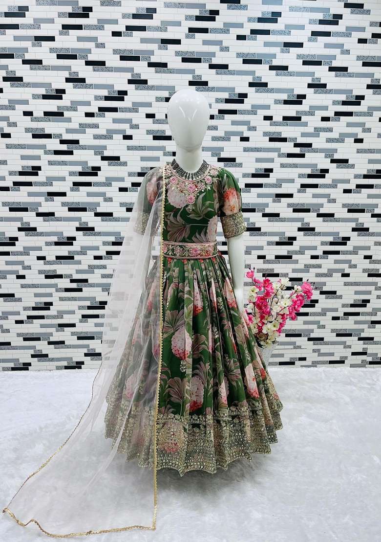 Green And Pink Embroidery Georgette Gown Set For Girls - Indya