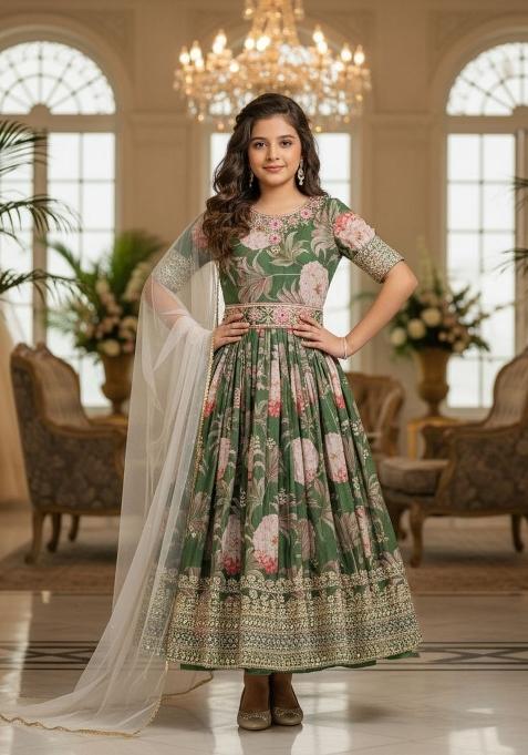 Green And Pink Embroidery Georgette Gown Set For Girls