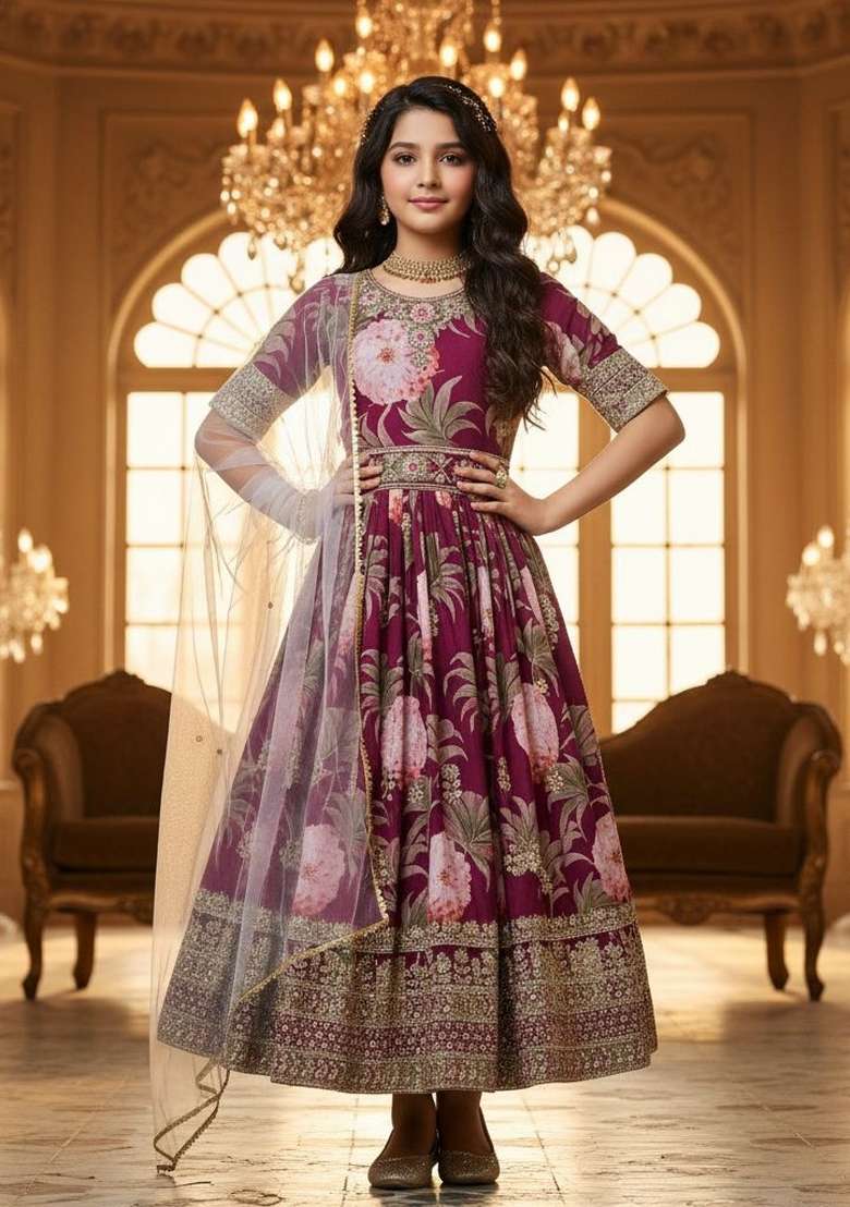 Wine And Pink Embroidery Georgette Gown Set For Girls - Indya