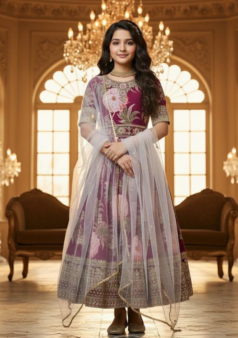 Wine And Pink Embroidery Georgette Gown Set For Girls - Indya