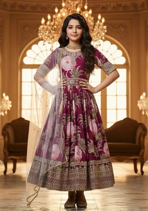 Wine And Pink Embroidery Georgette Gown Set For Girls