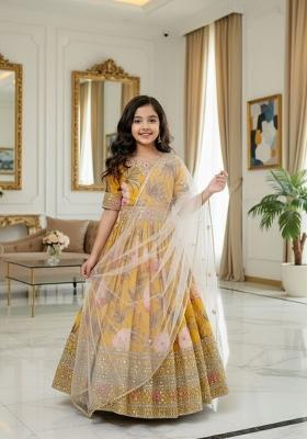 Yellow And Pink Embroidery Georgette Gown Set For Girls