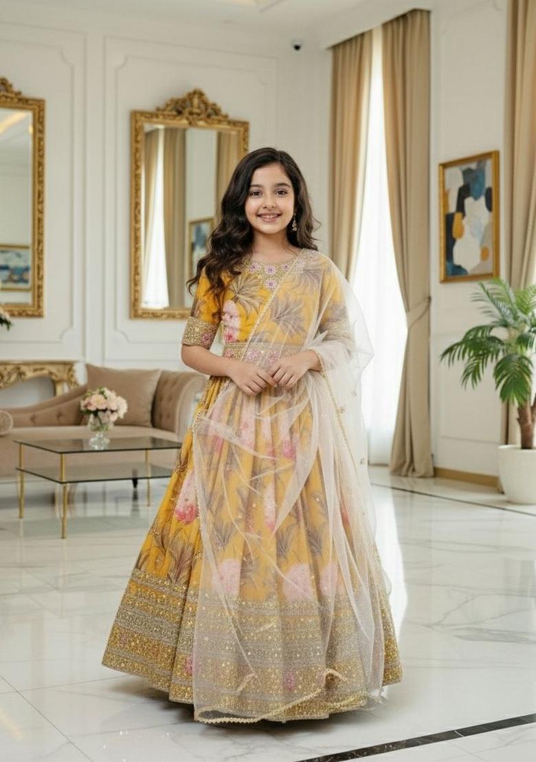Yellow And Pink Embroidery Georgette Gown Set For Girls - Indya