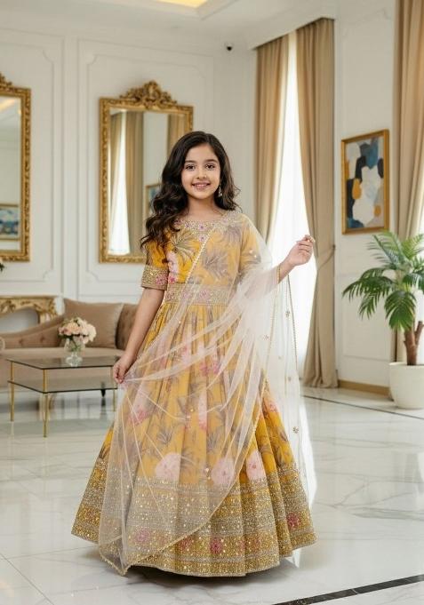 Yellow And Pink Embroidery Georgette Gown Set For Girls