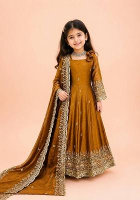 Mustard Gold Embroidery Silk Gown Set For Girls