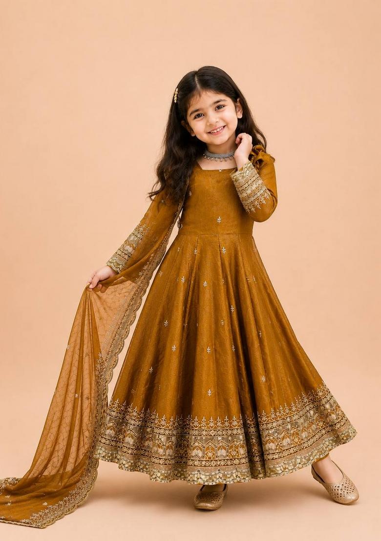 Mustard Gold Embroidery Silk Gown Set For Girls - Indya