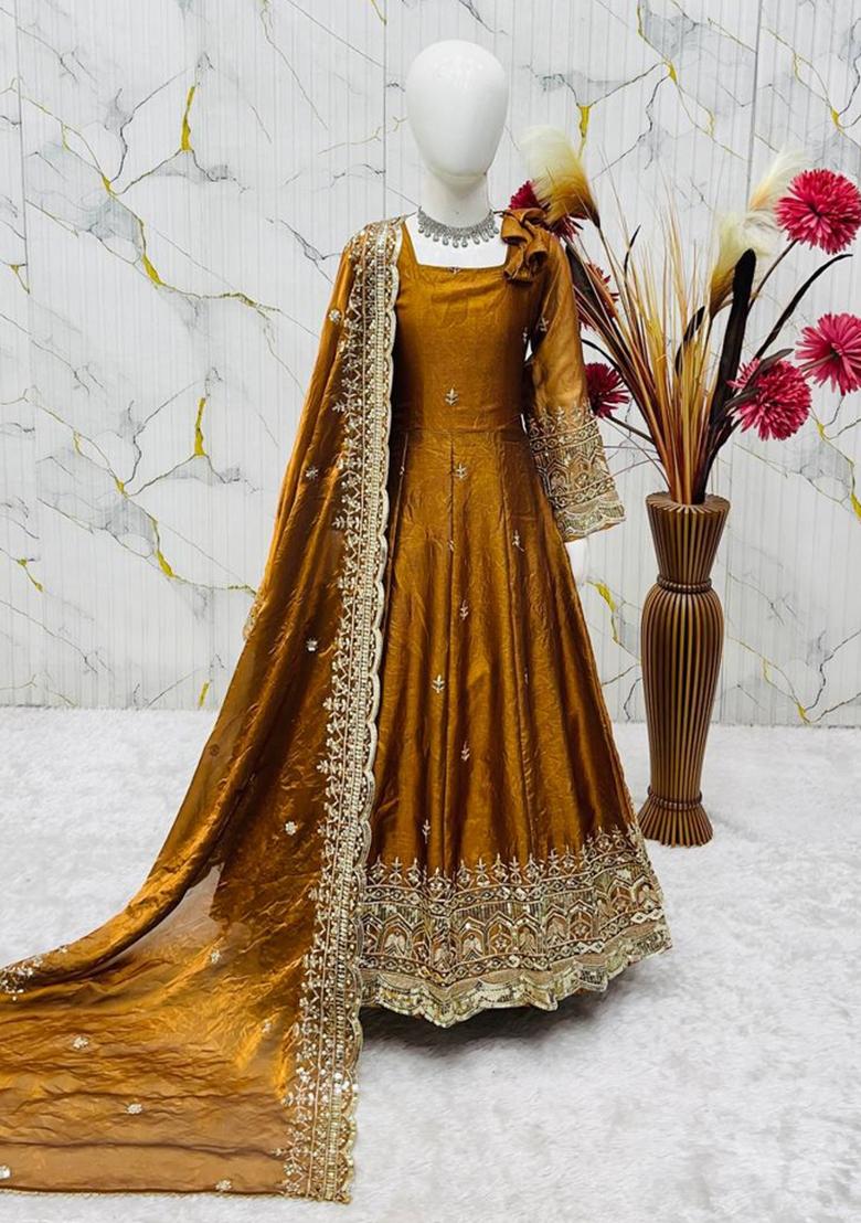 Mustard Gold Embroidery Silk Gown Set For Girls - Indya