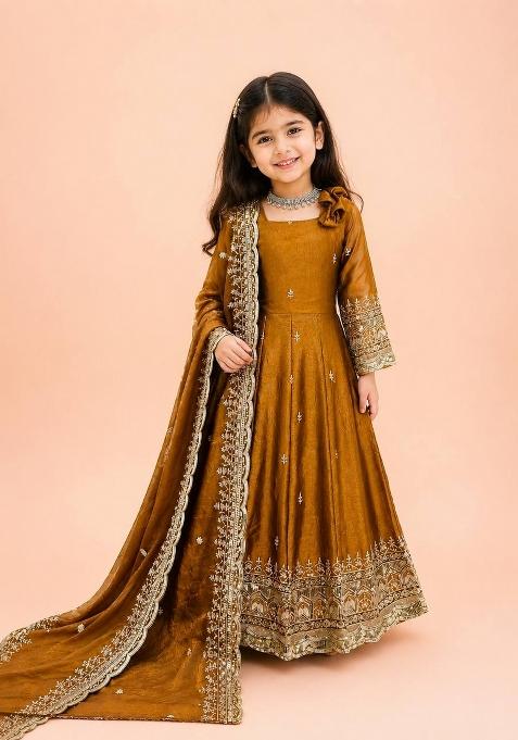 Mustard Gold Embroidery Silk Gown Set For Girls