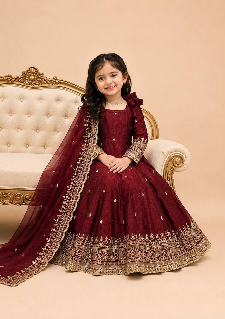 Maroon Embroidery Silk Gown Set For Girls - Indya