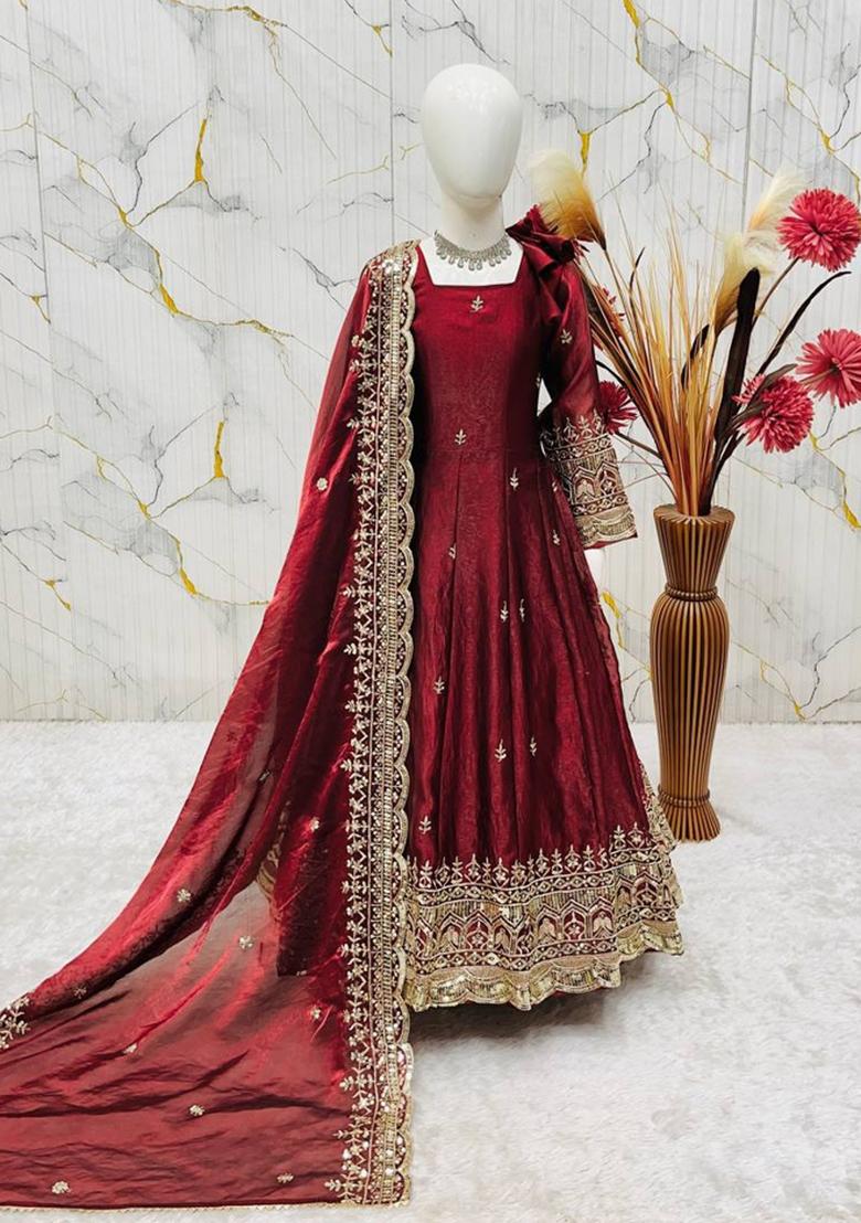 Maroon Embroidery Silk Gown Set For Girls - Indya